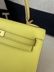 Kelly 25cm in imported Epsom grained leather, 9R Lime (lemon yellow)  with gold hardware.
