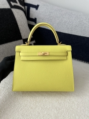 Kelly 25cm in imported Epsom grained leather, 9R Lime (lemon yellow)  with gold hardware.