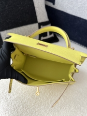 Kelly 25cm in imported Epsom grained leather, 9R Lime (lemon yellow)  with gold hardware.