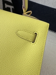 Kelly 25cm in imported Epsom grained leather, 9R Lime (lemon yellow)  with gold hardware.