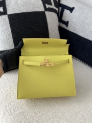 Kelly 25cm in imported Epsom grained leather, 9R Lime (lemon yellow)  with gold hardware.