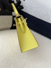 Kelly 25cm in imported Epsom grained leather, 9R Lime (lemon yellow)  with gold hardware.