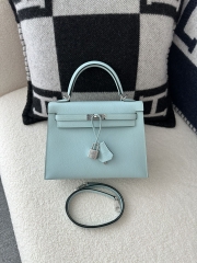 Kelly 25cm in Imported Epsom Grained Leather, U2 Bleu Zephyr (Breeze Blue) with Silver Hardware