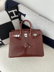 Birkin 35cm in Shiny Porosus Crocodile (top-grade imported HCP-dyed glossy crocodile leather, Nile crocodile with inverted 