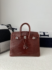 Birkin 35cm in Shiny Porosus Crocodile (top-grade imported HCP-dyed glossy crocodile leather, Nile crocodile with inverted 