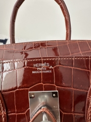Birkin 35cm in Shiny Porosus Crocodile (top-grade imported HCP-dyed glossy crocodile leather, Nile crocodile with inverted 