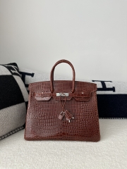 Birkin 35cm in Shiny Porosus Crocodile (top-grade imported HCP-dyed glossy crocodile leather, Nile crocodile with inverted 