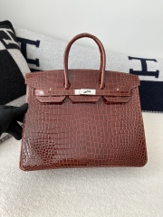 Birkin 35cm in Shiny Porosus Crocodile (top-grade imported HCP-dyed glossy crocodile leather, Nile crocodile with inverted 