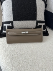 Kelly Cut 31cm Clutch in Imported Swift Calfskin, CK18 Etoupe Grey with Silver Hardware