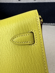 Kelly To Go Crossbody Wallet in Imported Chevre Goatskin, 9R Lime Yellow with Silver Hardware, 100% Handmade with Top-Quality Waxed Thread Stitching