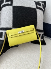 Kelly To Go Crossbody Wallet in Imported Chevre Goatskin, 9R Lime Yellow with Silver Hardware, 100% Handmade with Top-Quality Waxed Thread Stitching