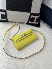 Kelly To Go Crossbody Wallet in Imported Chevre Goatskin, 9R Lime Yellow with Silver Hardware, 100% Handmade with Top-Quality Waxed Thread Stitching