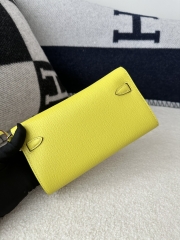 Kelly To Go Crossbody Wallet in Imported Chevre Goatskin, 9R Lime Yellow with Silver Hardware, 100% Handmade with Top-Quality Waxed Thread Stitching
