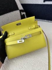Kelly To Go Crossbody Wallet in Imported Chevre Goatskin, 9R Lime Yellow with Silver Hardware, 100% Handmade with Top-Quality Waxed Thread Stitching