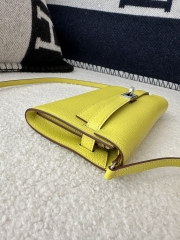Kelly To Go Crossbody Wallet in Imported Chevre Goatskin, 9R Lime Yellow with Silver Hardware, 100% Handmade with Top-Quality Waxed Thread Stitching
