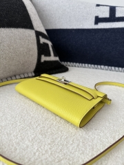 Kelly To Go Crossbody Wallet in Imported Chevre Goatskin, 9R Lime Yellow with Silver Hardware, 100% Handmade with Top-Quality Waxed Thread Stitching