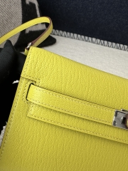 Kelly To Go Crossbody Wallet in Imported Chevre Goatskin, 9R Lime Yellow with Silver Hardware, 100% Handmade with Top-Quality Waxed Thread Stitching