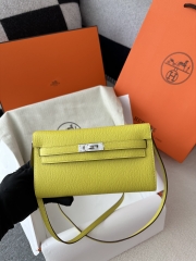 Kelly To Go Crossbody Wallet in Imported Chevre Goatskin, 9R Lime Yellow with Silver Hardware, 100% Handmade with Top-Quality Waxed Thread Stitching
