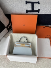Kelly Mini II in Imported Epsom Leather, T0 Blue Brume Misty Blue with Gold Hardware