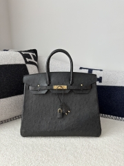 Birkin 35cm Touch in Imported Klein Karoo Ostrich Leather, CC89 Noir Black with Gold Hardware