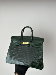 Birkin 25cm in Shiny Porosus Crocodile, imported HCP water-dyed glossy crocodile skin, CC67 Vert Fonce Emerald Green with Gold Hardware.