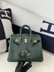 Birkin 25cm in Shiny Porosus Crocodile, imported HCP water-dyed glossy crocodile skin, CC67 Vert Fonce Emerald Green with Gold Hardware.