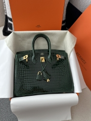Birkin 25cm in Shiny Porosus Crocodile, imported HCP water-dyed glossy crocodile skin, CC67 Vert Fonce Emerald Green with Gold Hardware.