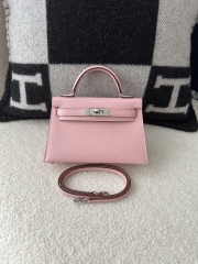 Kelly Mini II in Imported Evercolor Goat Leather, 3Q Pink Cherry Blossom with Silver Hardware.