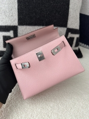 Kelly Mini II in Imported Evercolor Goat Leather, 3Q Pink Cherry Blossom with Silver Hardware.