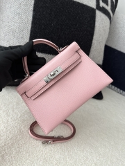 Kelly Mini II in Imported Evercolor Goat Leather, 3Q Pink Cherry Blossom with Silver Hardware.
