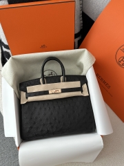 Birkin 25cm Touch in Imported Klein Karoo Ostrich Leather, CC89 Noir Black with Rose Gold Hardware.