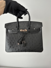 Birkin 25cm Touch in Imported Klein Karoo Ostrich Leather, CC89 Noir Black with Rose Gold Hardware.
