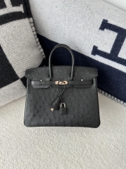 Birkin 25cm Touch in Imported Klein Karoo Ostrich Leather, CC89 Noir Black with Rose Gold Hardware.