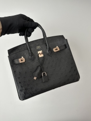 Birkin 25cm Touch in Imported Klein Karoo Ostrich Leather, CC89 Noir Black with Rose Gold Hardware.