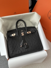 Birkin 25cm Touch in Imported Klein Karoo Ostrich Leather, CC89 Noir Black with Rose Gold Hardware.