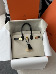 Birkin 25cm with External Stitching in Imported Epsom Leather, CC10 Carie Milkshake White and CC89 Noir Black with Gold Hardware