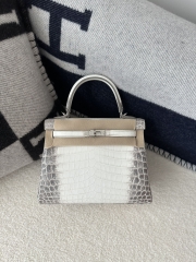 Kelly 25cm in HCP Water-Dyed Matte Himalaya Crocodile with Imported Crocodile Leather, 01 Himalaya with Silver Hardware