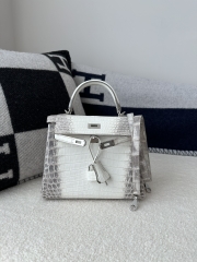 Kelly 25cm in HCP Water-Dyed Matte Himalaya Crocodile with Imported Crocodile Leather, 01 Himalaya with Silver Hardware
