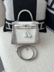 Kelly 25cm in HCP Water-Dyed Matte Himalaya Crocodile with Imported Crocodile Leather, 01 Himalaya with Silver Hardware