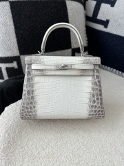 Kelly 25cm in HCP Water-Dyed Matte Himalaya Crocodile with Imported Crocodile Leather, 01 Himalaya with Silver Hardware