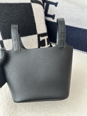 Picotin Lock 18cm Touch in Imported Clemence Leather with Matte Alligator Crocodile, CK89 Noir Black with Silver Hardware