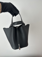 Picotin Lock 18cm Touch in Imported Clemence Leather with Matte Alligator Crocodile, CK89 Noir Black with Silver Hardware