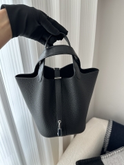Picotin Lock 18cm Touch in Imported Clemence Leather with Matte Alligator Crocodile, CK89 Noir Black with Silver Hardware