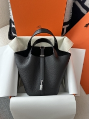Picotin Lock 18cm Touch in Imported Clemence Leather with Matte Alligator Crocodile, CK89 Noir Black with Silver Hardware