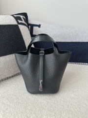 Picotin Lock 18cm Touch in Imported Clemence Leather with Matte Alligator Crocodile, CK89 Noir Black with Silver Hardware