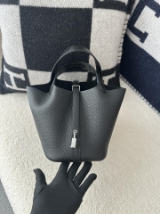 Picotin Lock 18cm Touch in Imported Clemence Leather with Matte Alligator Crocodile, CK89 Noir Black with Silver Hardware