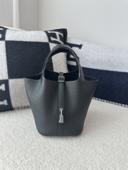 Picotin Lock 18cm Touch in Imported Clemence Leather with Matte Alligator Crocodile, CK89 Noir Black with Silver Hardware