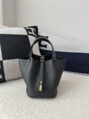 Picotin Lock 18cm Touch in Imported Clemence Leather with Matte Alligator Crocodile, CC89 Noir Black with Gold Hardware