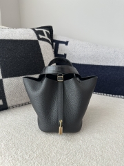 Picotin Lock 18cm Touch in Imported Clemence Leather with Matte Alligator Crocodile, CC89 Noir Black with Gold Hardware