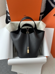 Picotin Lock 18cm Touch in Imported Clemence Leather with Matte Alligator Crocodile, CC89 Noir Black with Gold Hardware